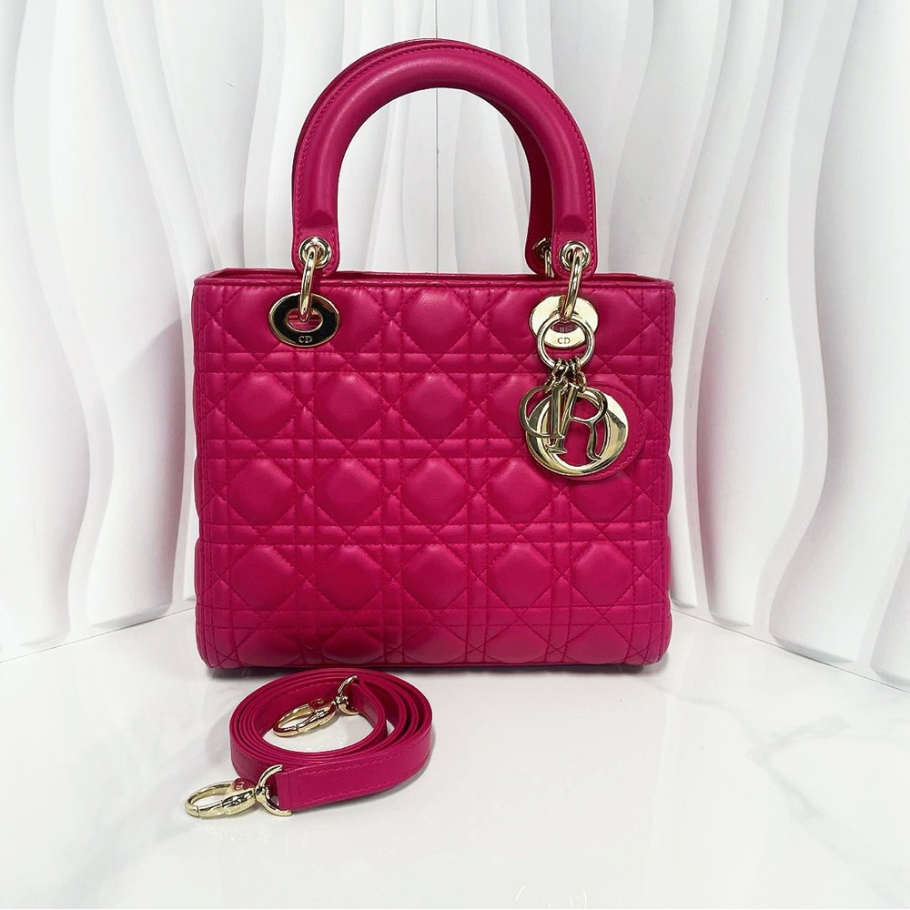 Dior Fuchsia Cannage Quilted Leather Medium Lady Dior Handbag
